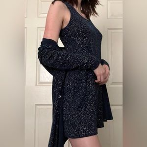 Women’s blue/silver sparkly mini dress with matching jacket,